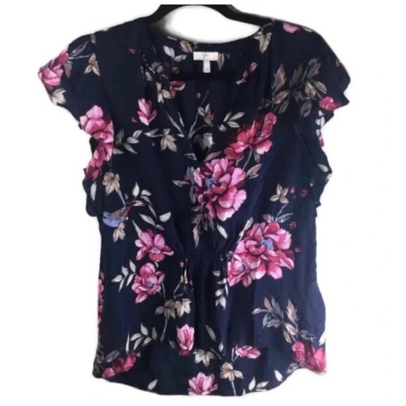 Joie Women's Navy Floral CRISBELL Silk Flutter Sleeve Blouse, Size Medium - Picture 2 of 9